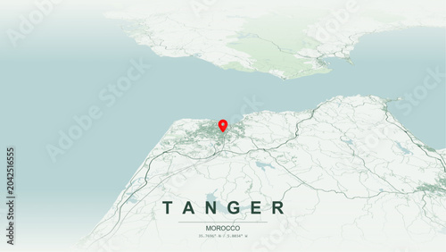 Minimalist vector map of Tanger (Tangier), Morocco. High-quality scalable illustration of Tanger city grid, Port de Tanger Ville waterfront, Malabata and Cap Spartel contours for posters and design.
