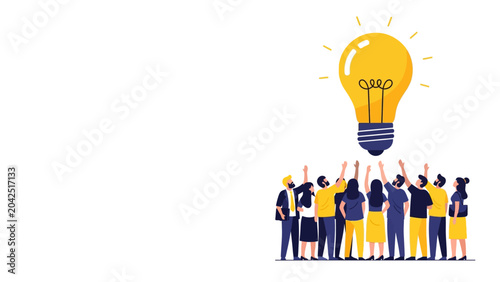 Creative Team Collaboration with diverse people reaching for a giant glowing light bulb on white background ideal for business innovation concepts and brainstorming presentations.