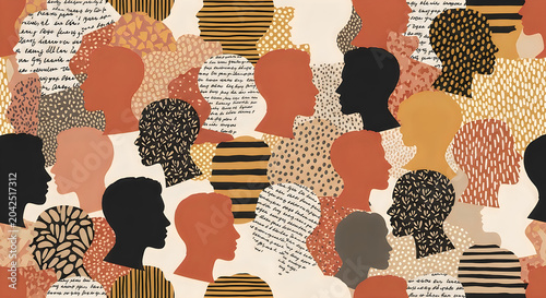 Colorful diverse people crowd abstract art seamless pattern. Multi-ethnic community, big cultural diversity group background illustration in modern collage painting style.