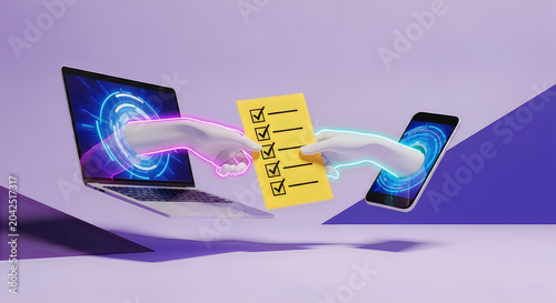 Online survey, questionnaire. Abstract collage, modern technologies.