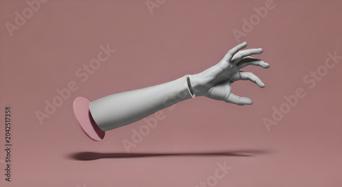 Female hand makes a gesture like holding something isolated on a pink background. Mockup with empty copy space for a hanging object. Trendy modern 3d collage in magazine style. Contemporary art