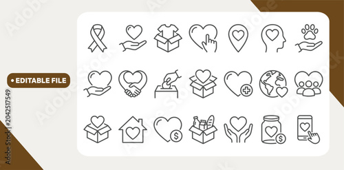 Care, help, charity and donation editable stroke outline icons set  isolated on white background flat vector illustration.