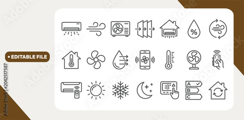 Bild auf Leinwand Air conditioner editable stroke outline icons set isolated on white background flat vector illustration