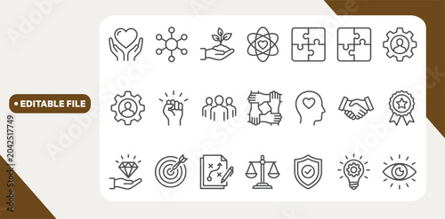 Photos Core values as trust, integrity, environment, empowerment, strategy, morality and more editable stroke outline icons set isolated on white background flat vector illustration