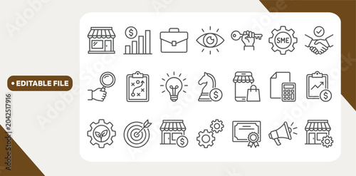 Canvastavla SME concept small and medium sized enterprises related editable stroke outline icons set isolated on white background flat vector illustration