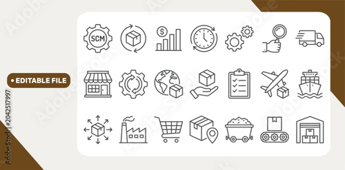 Foto SCM supply chain management concept editable stroke outline icons set isolated on white background flat vector illustration