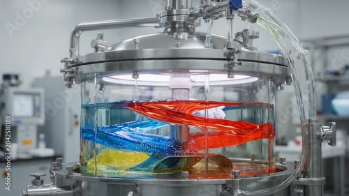 Medium shot of a stirred tank where aqueous solutions combine to precipitate vibrant inorganic pigment particles under controlled conditions