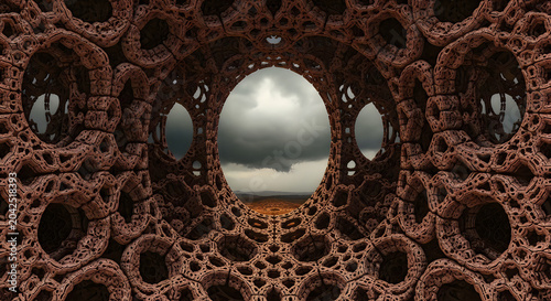 Intricate fractal structure featuring a dark circular opening that reveals a stormy landscape under a heavy and dramatic cloud formation