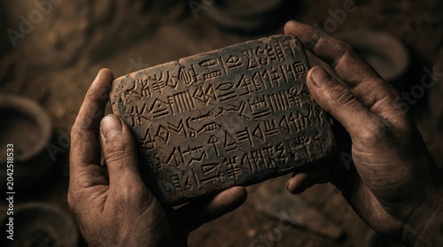 Hands gently hold a weathered stone tablet etched with intricate symbols, unearthed from the depths of an archaeological site, signaling a connection to a bygone era shrouded in mystery.