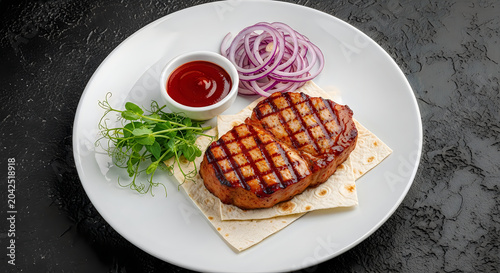 Grilled pork steak served on flatbread with red onion slices and tomato sauce on a large white ceramic dinner plate