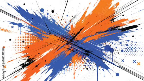 Vibrant vector illustration featuring dynamic blue and orange paint splashes with bold black ink lines