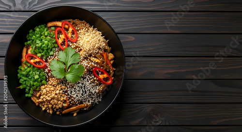 Delicious stir fried glass noodles served in a black bowl topped with fresh green onions chili peppers and crushed peanuts