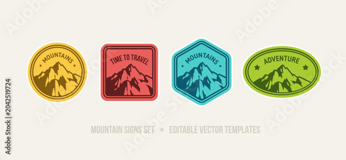 Set of Mountain typography signs in round, square, oval geometric shape frame design for Discover, Travel or Outdoor Camping patch and apparel prints, climbing emblem - editable vector (part 2)