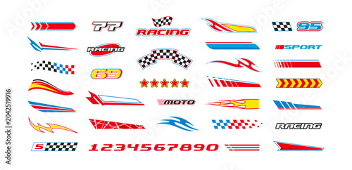 Racing Car Branding livery decals (2). Racing vehicle performance elements of sport graphics dsgn with stripes abstract geometric forms. Branding vehicle livery design. Editable vector Rcing Stickers