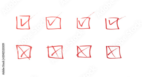 Red Hand Drawn Checkboxes With Checkmarks And Crosses On Transparent Background For Selection