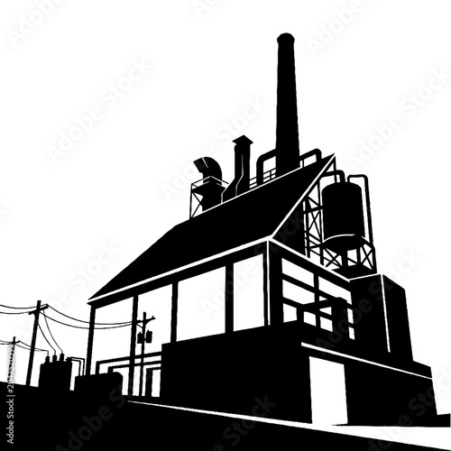 Black and white silhouette illustration of an industrial factory building with a tall smokestack and power lines against a plain white background