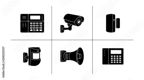 Foto Security System Icons: Alarm Panel, Camera, Door Sensor, Motion Detector, Siren,
