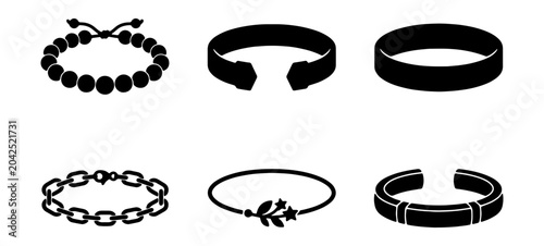 Billede på lærred Minimalist Bracelet Icons Set, 6 Black Vector Silhouettes, Fashion Jewelry Colle