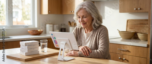 Older adult using a tablet for daily medication reminders