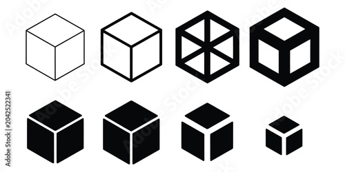 Quadro su tela Simple black cube icon set showcasing geometric cube shapes for 3D modeling, abstract symbols, and design systems