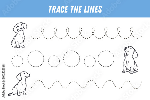 Trace the lines worksheet with cute dachshund dogs for kids pre-writing skills practice. Handwriting practice. Educational game for preschool kids. Activity page.Vector
