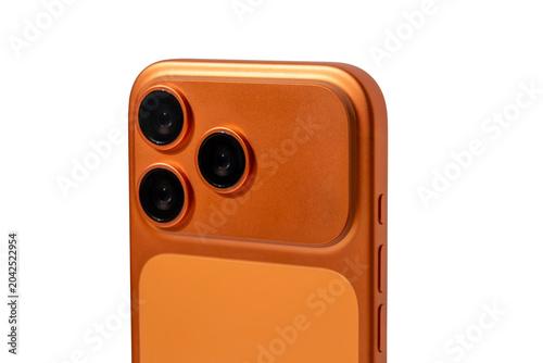 Orange Smartphone With Triple Camera And Sleek Protective Case Close-Up Studio Product Photo