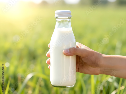 Hand holding a glass bottle of fresh milk against a sunlit green agricultural field background. Dairy month concept