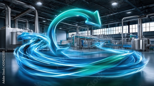 Circular Economy Concept with Glowing Arrow in Industrial Setting