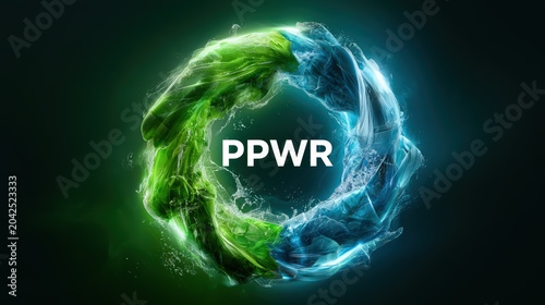 Dynamic Green and Blue Swirls with Ppwr Text in Abstract Concept