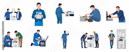Schilderij op canvas Set of professional printer maintenance and repair service illustrations