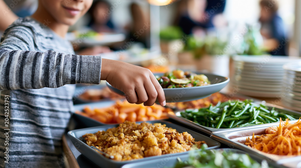 Obraz premium Close-up of a young boy selecting his meal at a bustling buffet showcasing dining abundance, buffet dining concept, food choice photography, social meal lifestyle, defocused