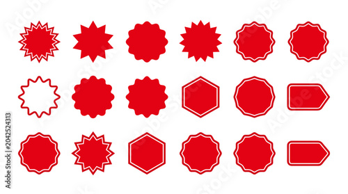 A set of various red starburst, badge, and tag shapes on a white background, perfect for promotions.