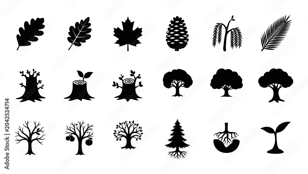 Obraz premium Tree icons, black silhouettes, forest symbols, nature graphics, 20 tree shapes
