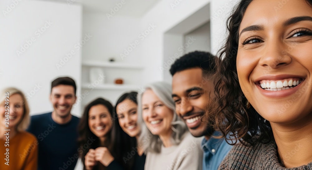 Obraz premium Diverse group of happy friends smiling together indoors during festive gathering at home. Concept of friendship, social connection, multicultural community, joyful lifestyle celebration