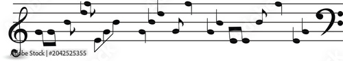 Foto Musical Notes Sheet: A close-up of a musical staff displaying a sequence of musical notes and rests, capturing the essence of melody and rhythm