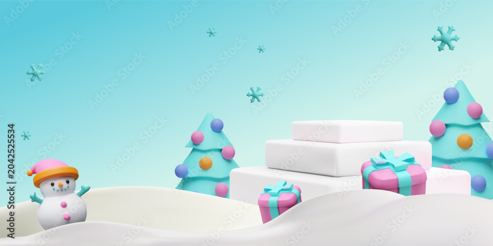 Obraz premium A 3D podium with a snowman, decorated Christmas trees, and gifts against a winter background.