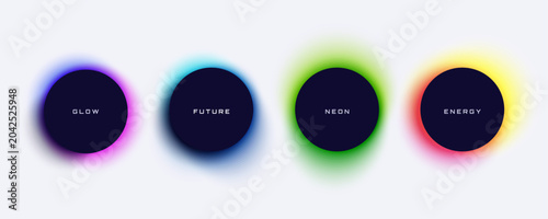 Collection of abstract dark round text boxes with vibrant neon glow effects isolated on light background. Futuristic minimal circular buttons with colorful halo. Ideal for banner, poster, web design.