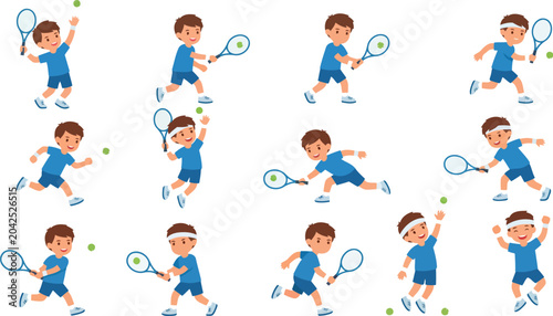 Cute Boy Tennis Player Character Set – Little Kid Athlete Serving, Running, Smashing, and Celebrating Win, Children Sports Vector Illustration Pack Isolated on White Background