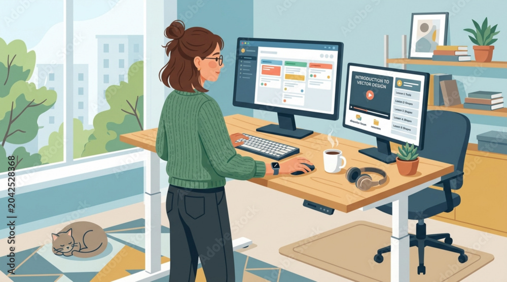 Fototapeta premium Young woman working at a standing desk in a home office with a cat sleeping nearby