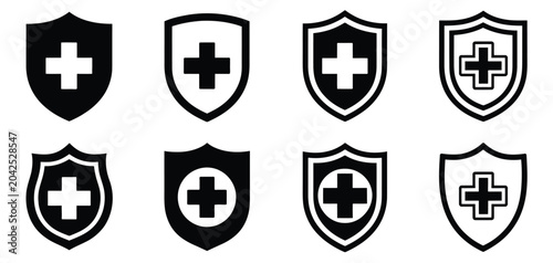 Medical shield with cross icon graphic showcasing protection, immunity, and patient care concepts for healthcare branding and public health design.