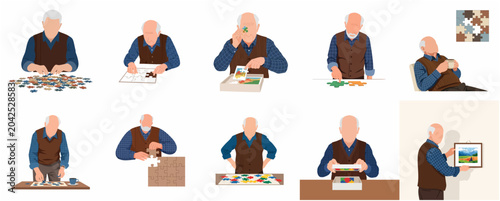 Foto Senior man engaging in various jigsaw puzzle activities for mental health and re