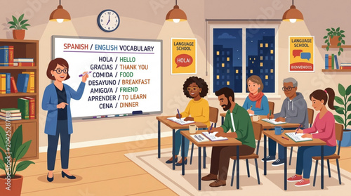 Language school classroom with teacher and students learning spanish vocabulary