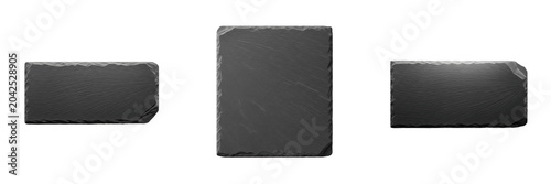 Fotografie Set of three blank rectangular and square black slate stone serving boards isola