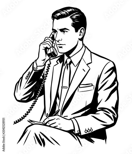 Photos Silhouette Vintage Pop Art Businessman Talking on Retro Telephone and Writing