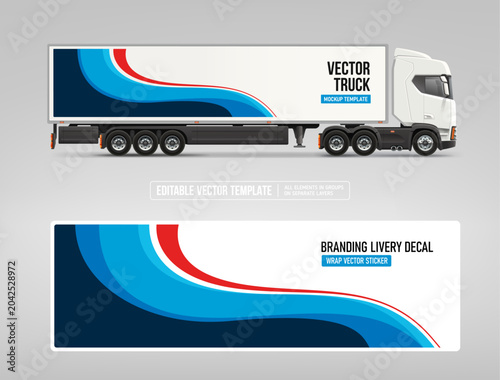 Truck Branding Mockup with Abstract Blue and red wrap design. Vector Truck Mock-up with branding perfect for commercial vehicle branding, fleet graphics, advertising. Editable template