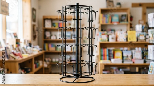A rotating display stand filled with postcards, sitting on a wooden counter in a bright, cozy bookstore. Shelves filled with books line the walls in the background