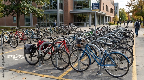 Row of bicycles parked neatly in designated racks outside a modern university building, reflecting sustainable transportation choices on campus