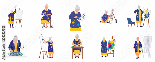 Senior Woman Artist Character Set Painting on Canvas with Easel and Palette