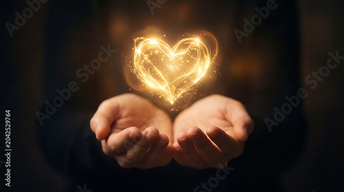 Glowing magical golden light heart floating above cupped human hands on dark background