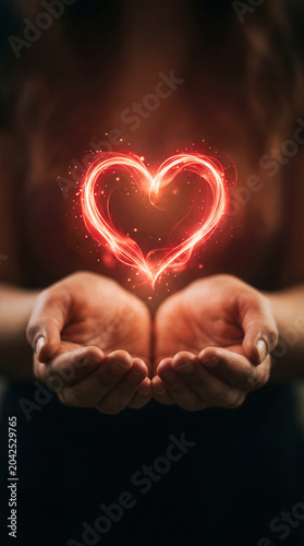 Glowing magical golden light heart floating above cupped human hands on dark background